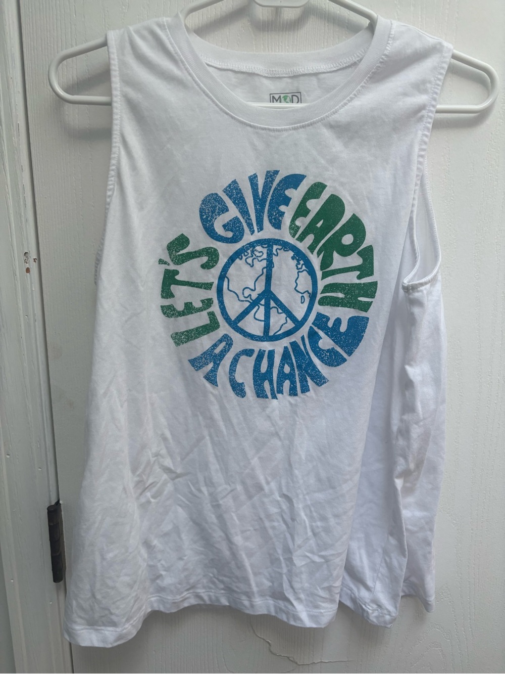 🛑  2/$20 Modern Lux White Tank with Blue & Green Peace Earth Graphic - eco frien